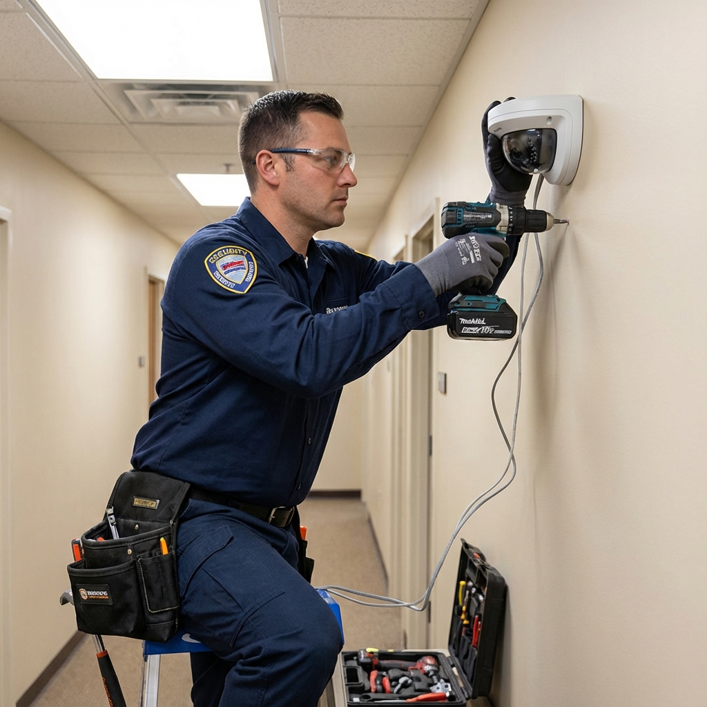 Técnico instalando cámara de seguridad CCTV